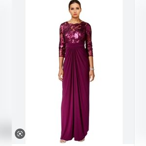 Adrianna Papell Sequin 3/4 sleeve Evening Gown, Size US6, Color Mulberry